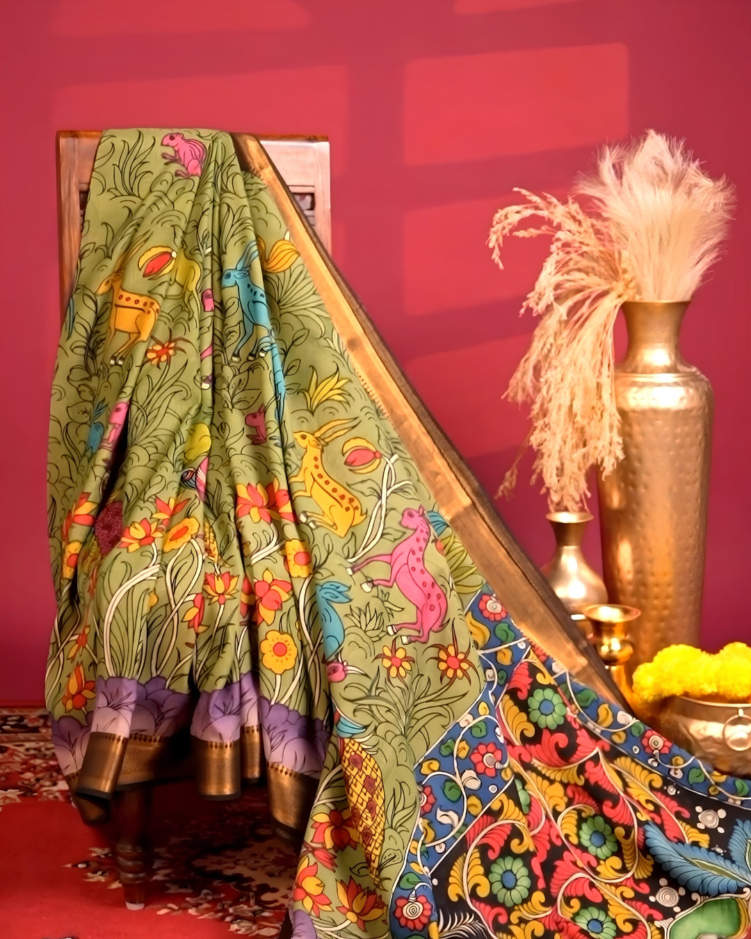 Pen Kalamkari Bangalore Silk – Olive