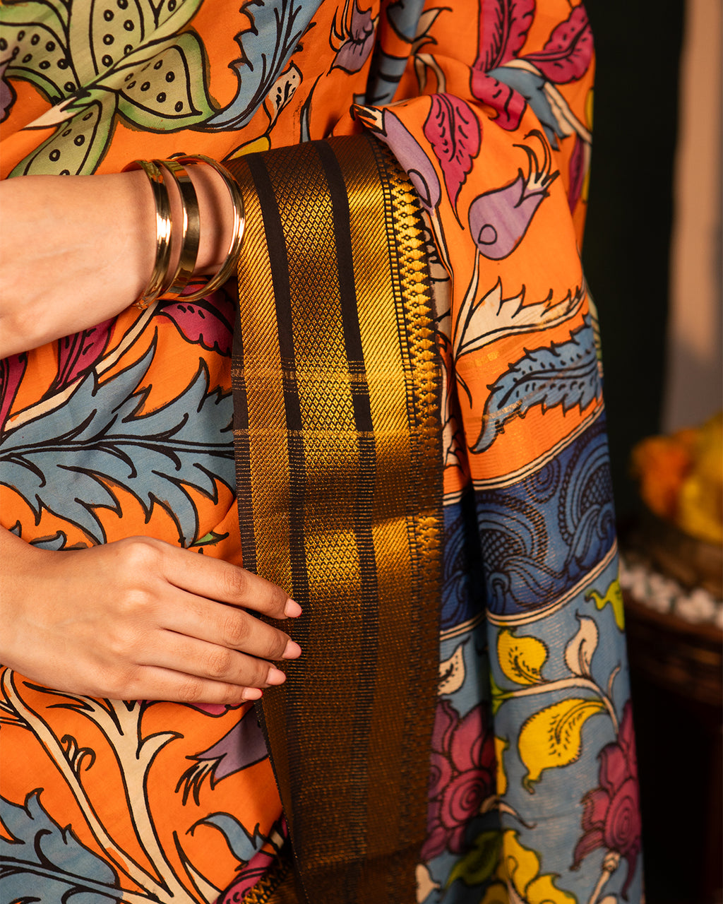 Pen Kalamkari Bangalore Silk – Orange