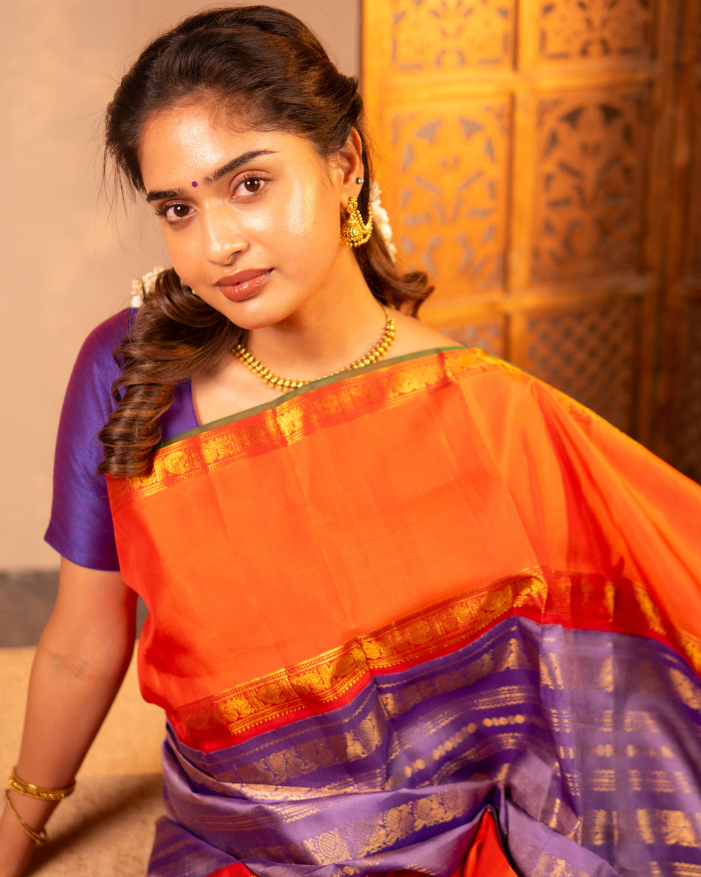 Pure Kanjivaram Silk – Temple Orange and Royal violet