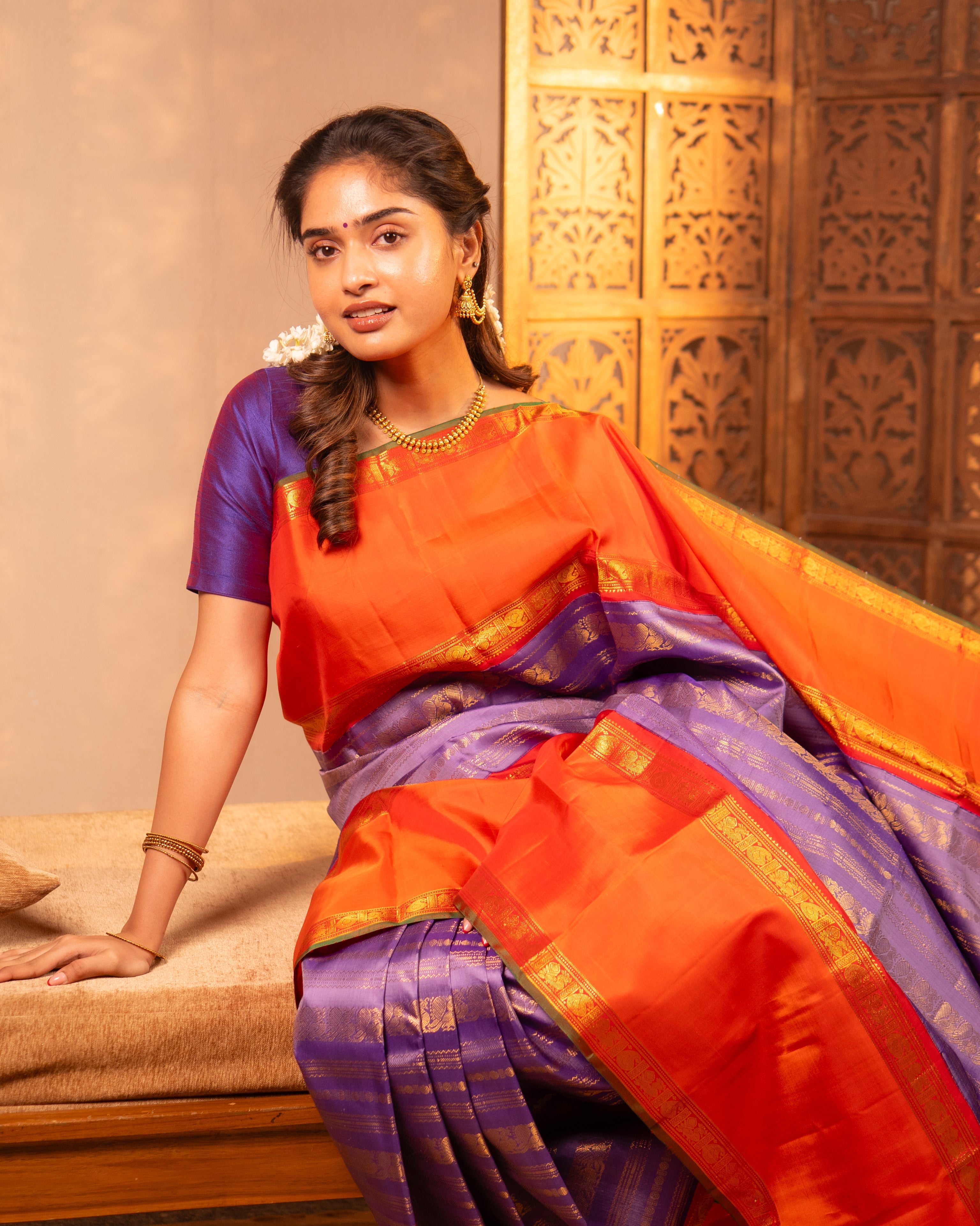 Pure Kanjivaram Silk – Temple Orange and Royal violet