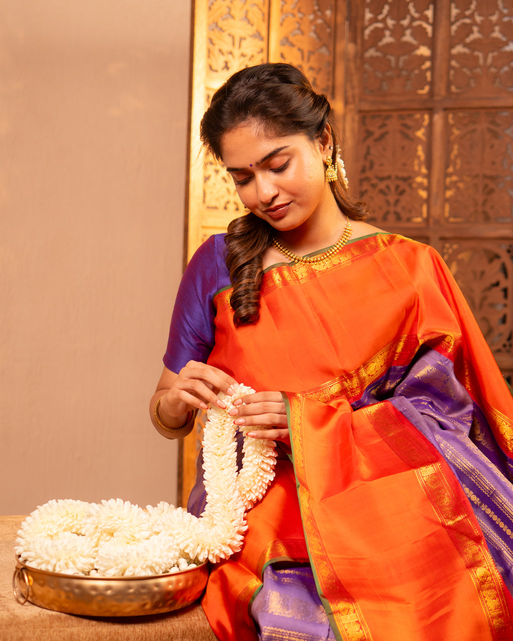 Pure Kanjivaram Silk – Temple Orange and Royal violet