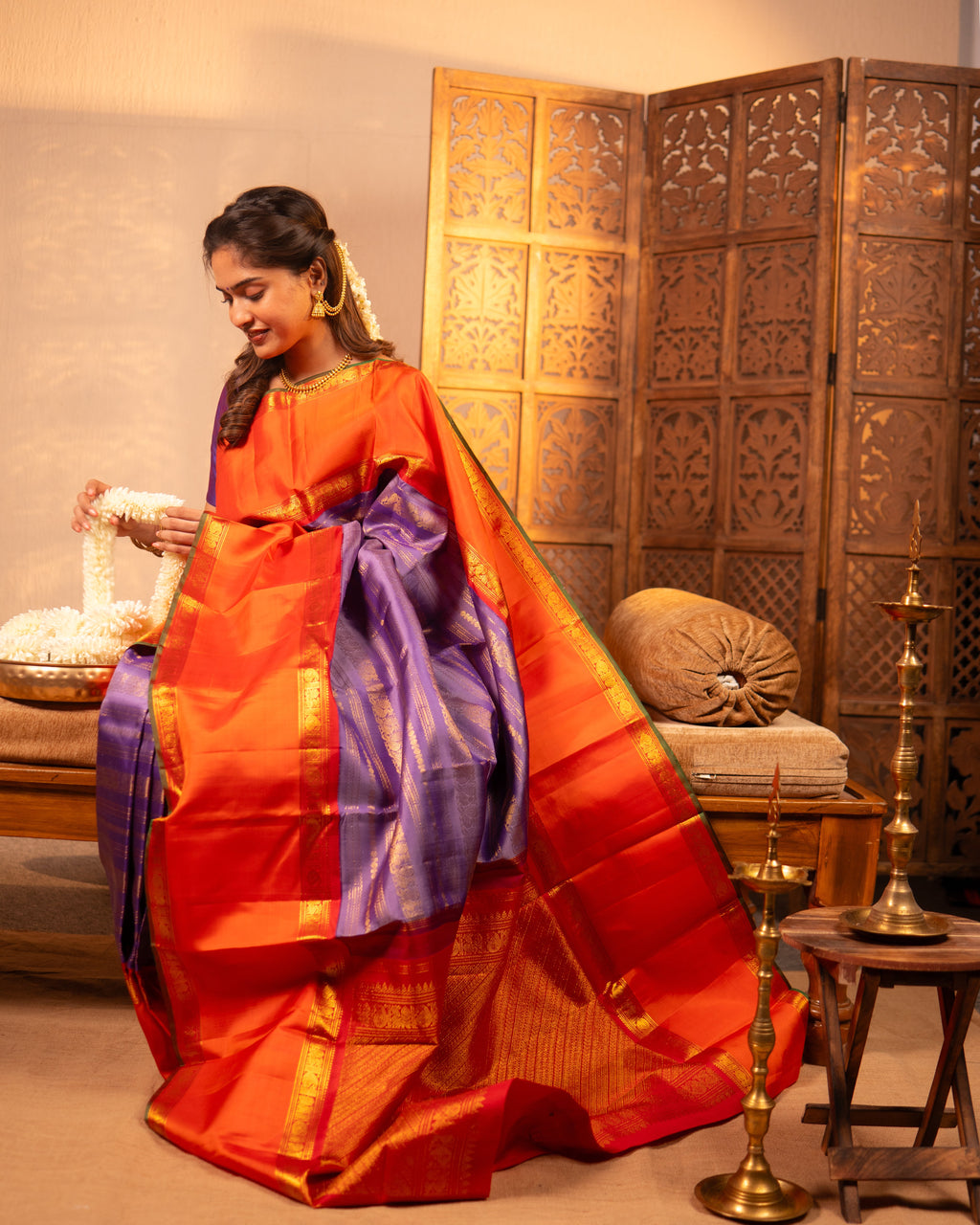 Pure Kanjivaram Silk – Temple Orange and Royal violet