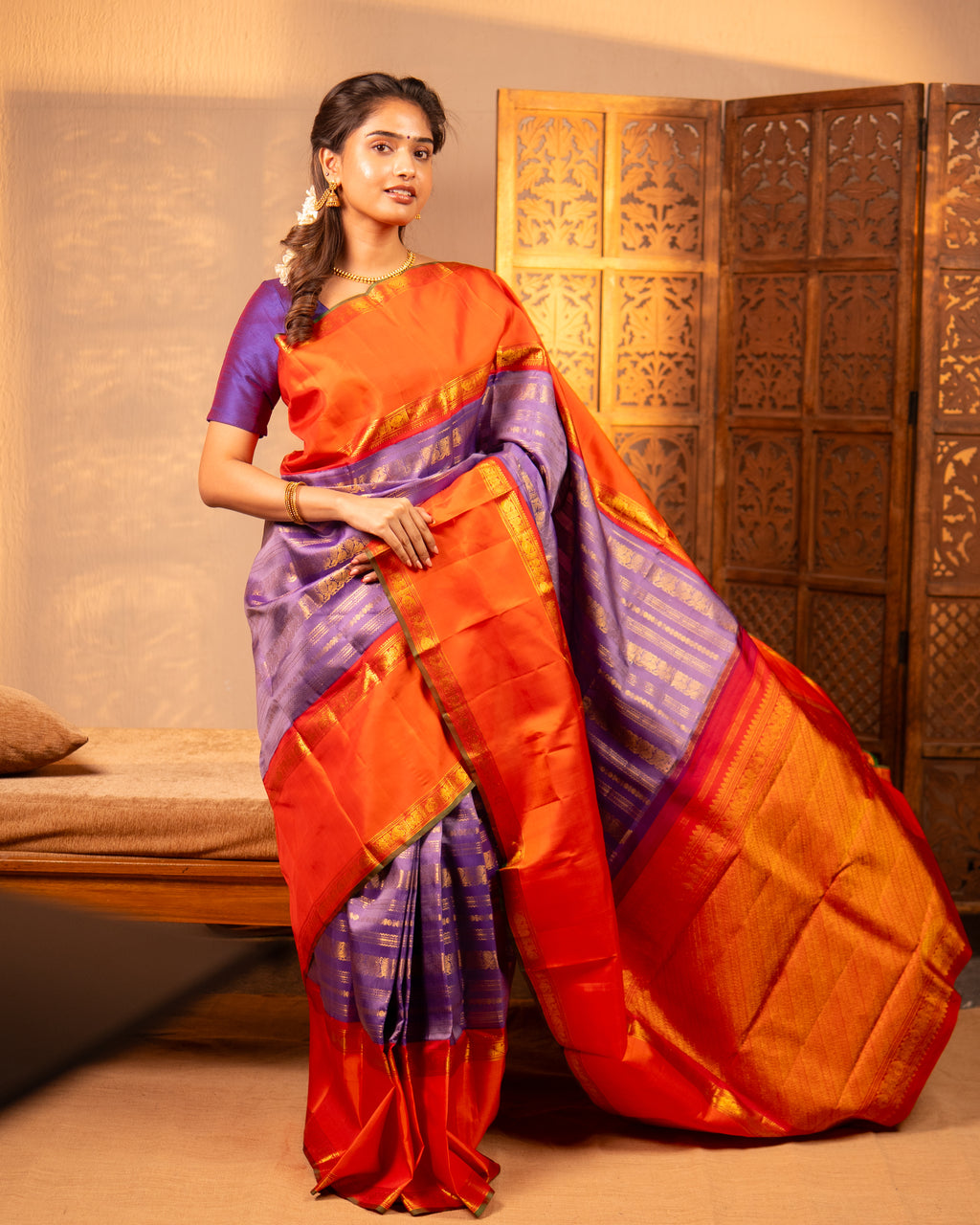 Pure Kanjivaram Silk – Temple Orange and Royal violet