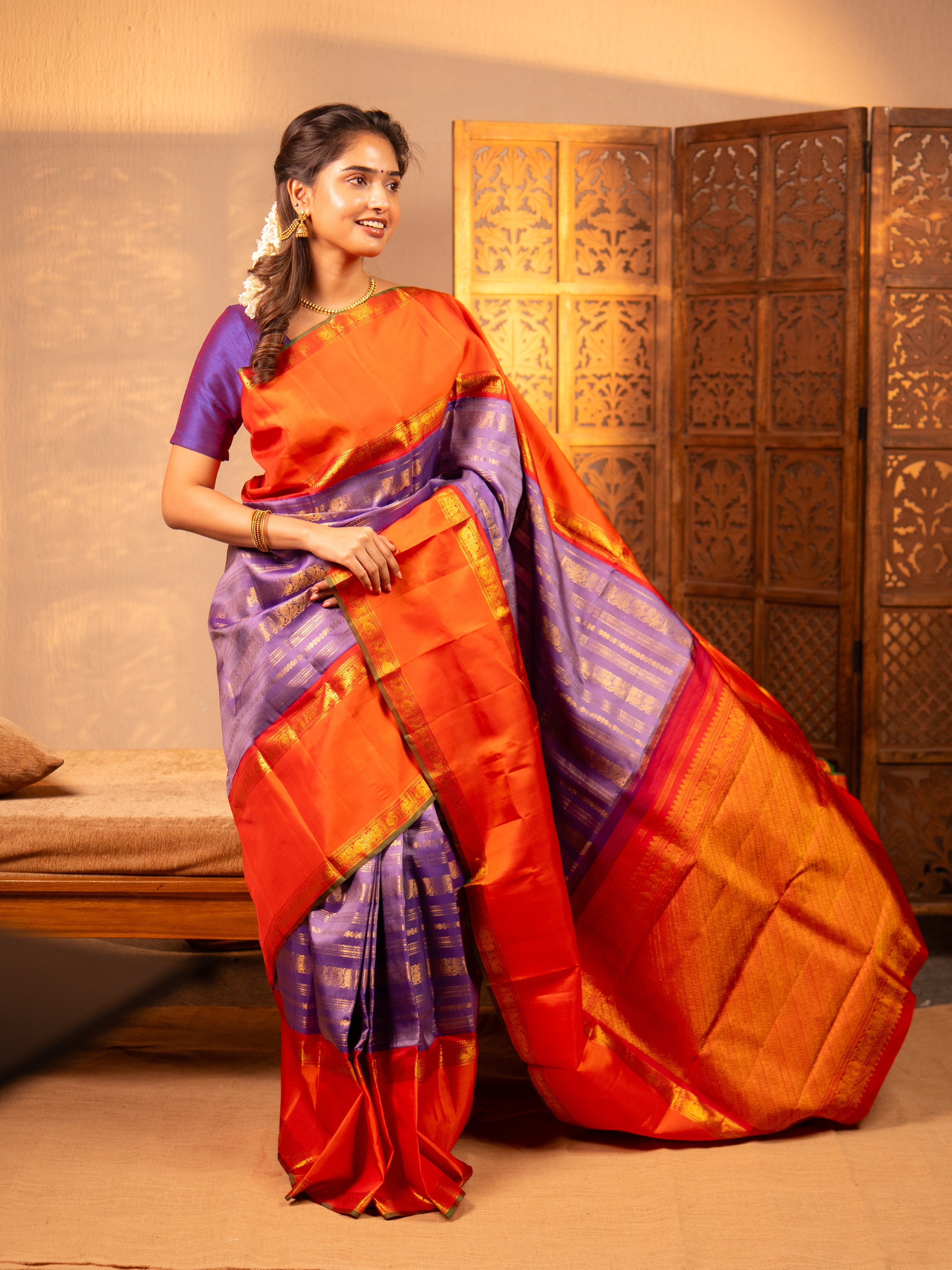 Pure Kanjivaram Silk – Temple Orange and Royal violet