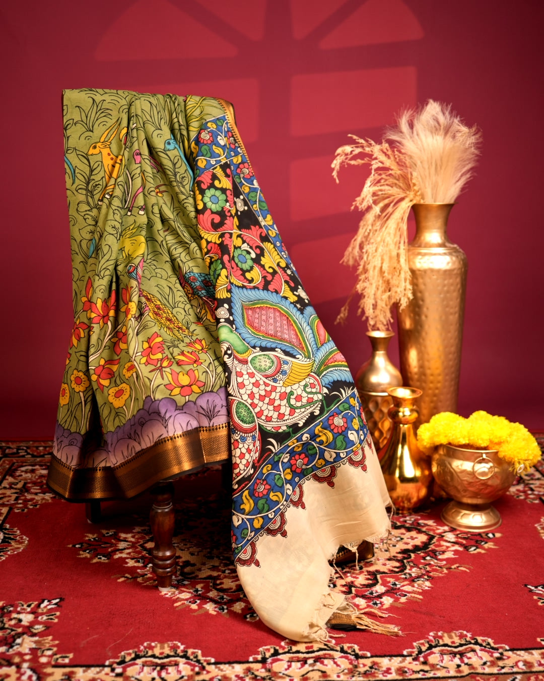 Pen Kalamkari Bangalore Silk – Olive