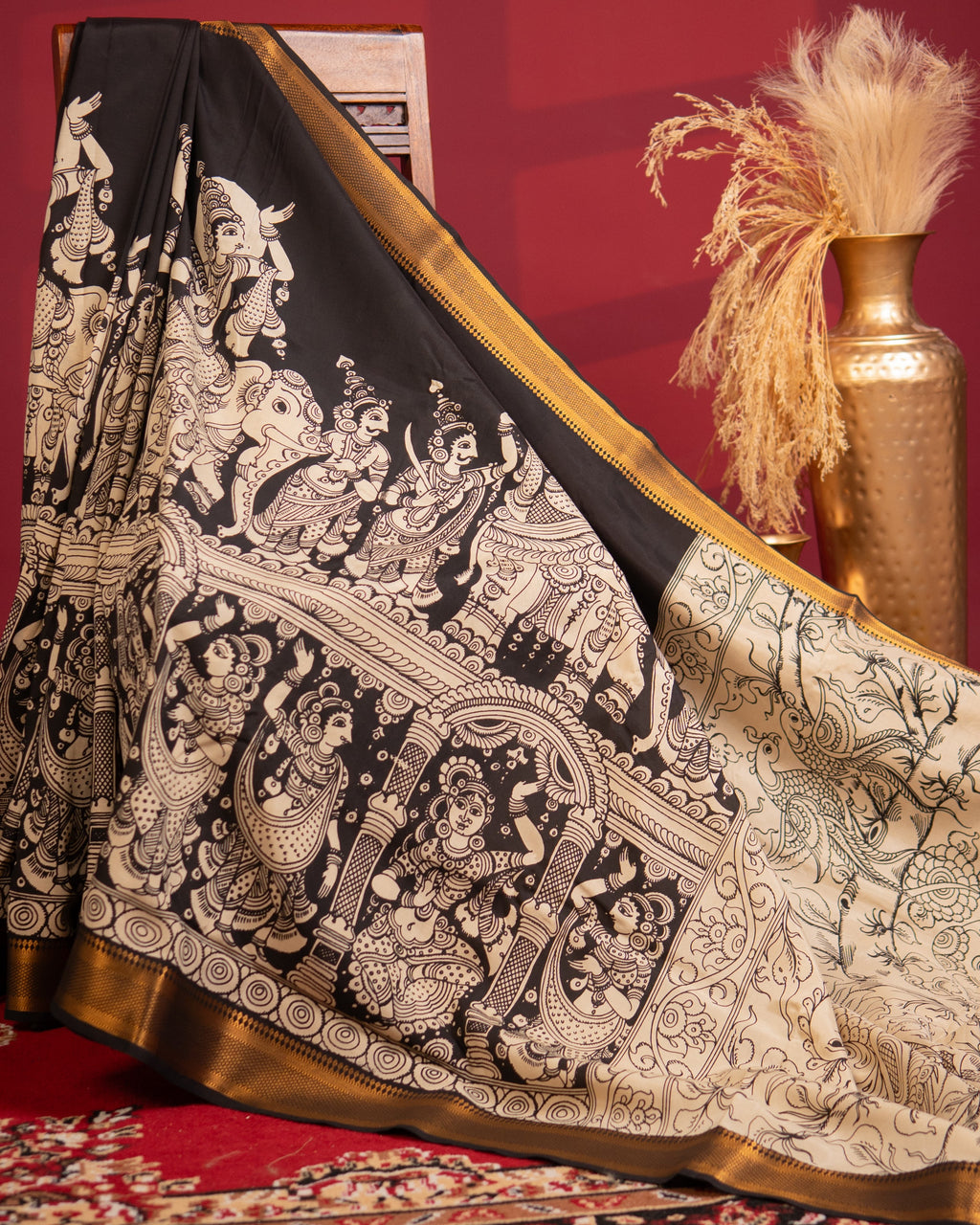 Pen Kalamkari Bangalore Silk – Black and Beige