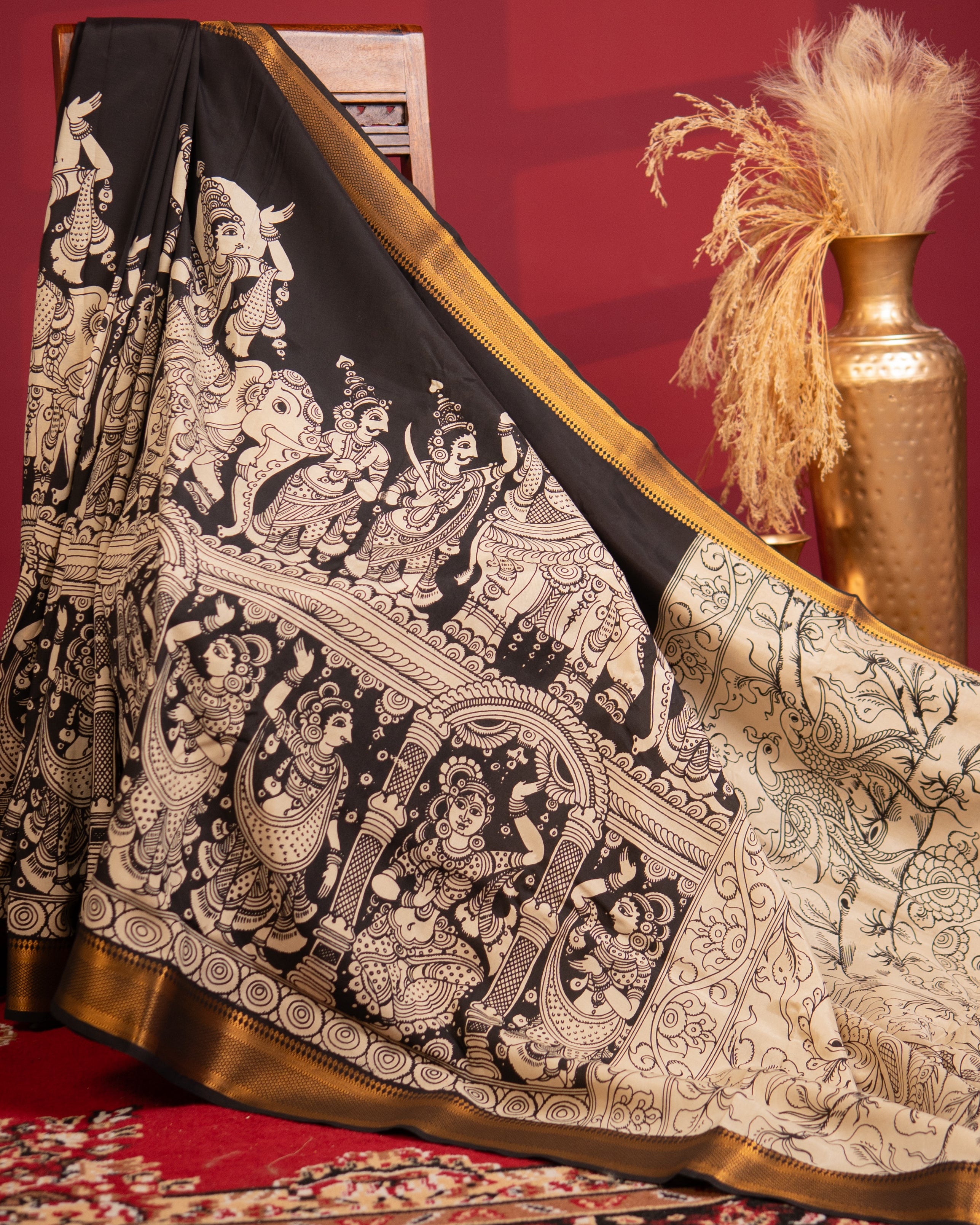 Pen Kalamkari Bangalore Silk – Black and Beige