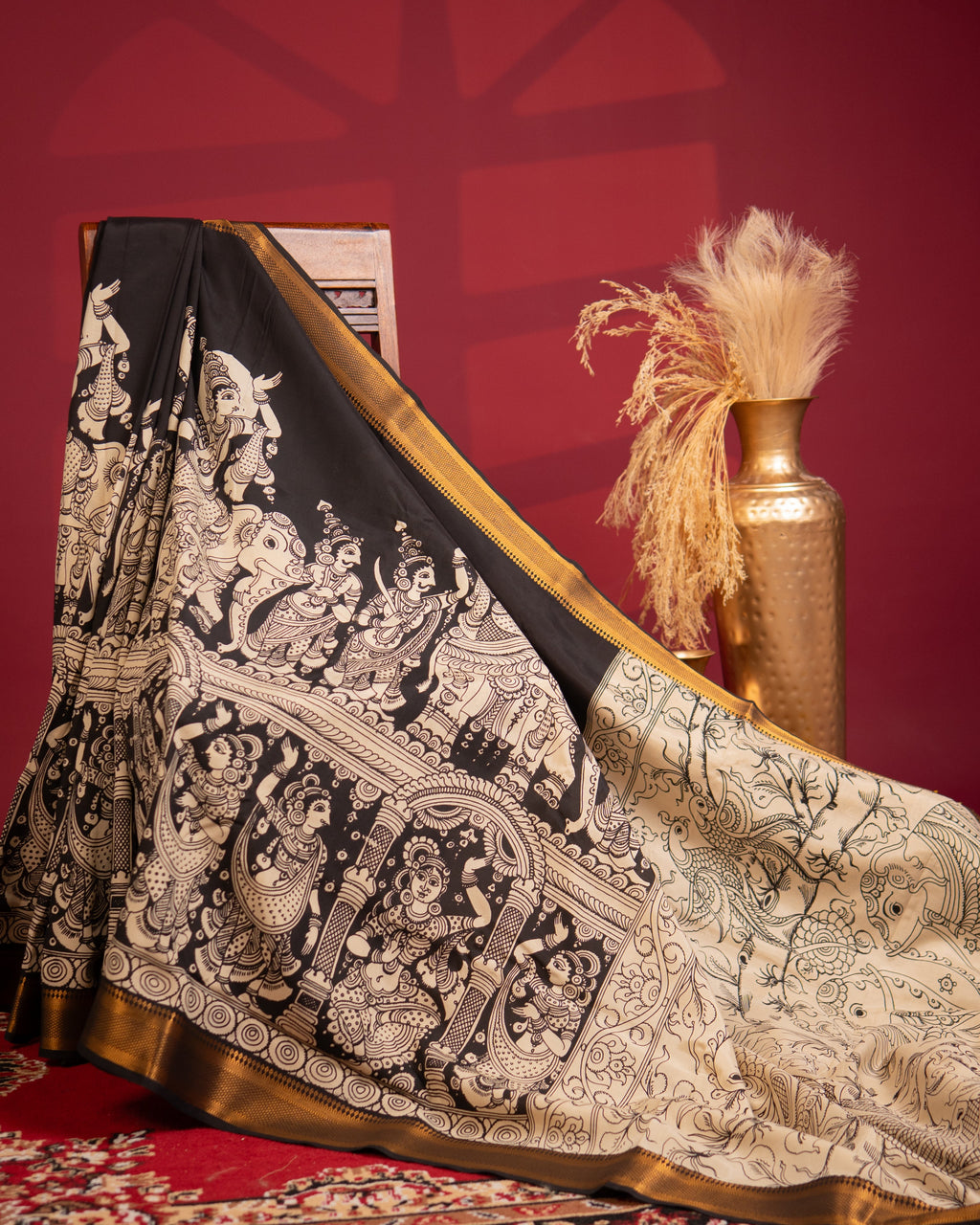 Pen Kalamkari Bangalore Silk – Black and Beige