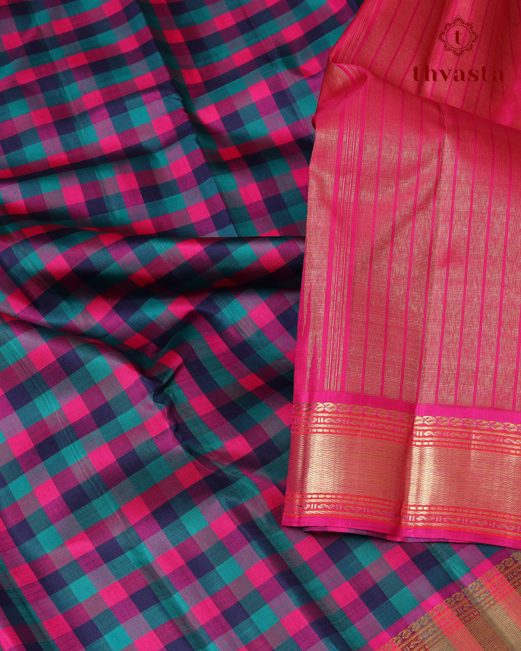 Pure Kanjivaram Silk - Classic Checks with Pink Gatti Border