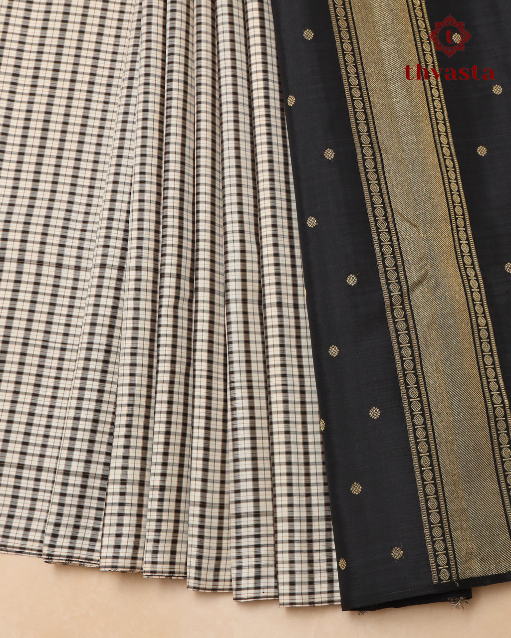 Pure Kanjivaram Silk - Black and White Podi Checks with Classic Black Pallu