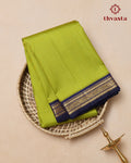 Pure Kanjivaram Silk - Bright Green Podi Checks with Navy Border