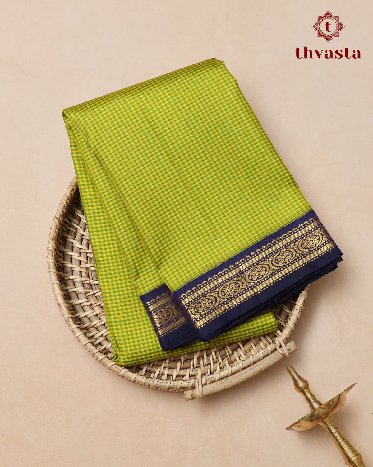 Pure Kanjivaram Silk - Bright Green Podi Checks with Navy Border