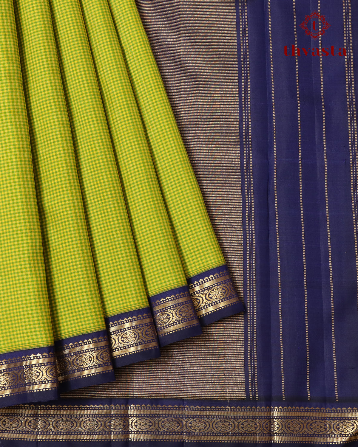 Pure Kanjivaram Silk - Bright Green Podi Checks with Navy Border