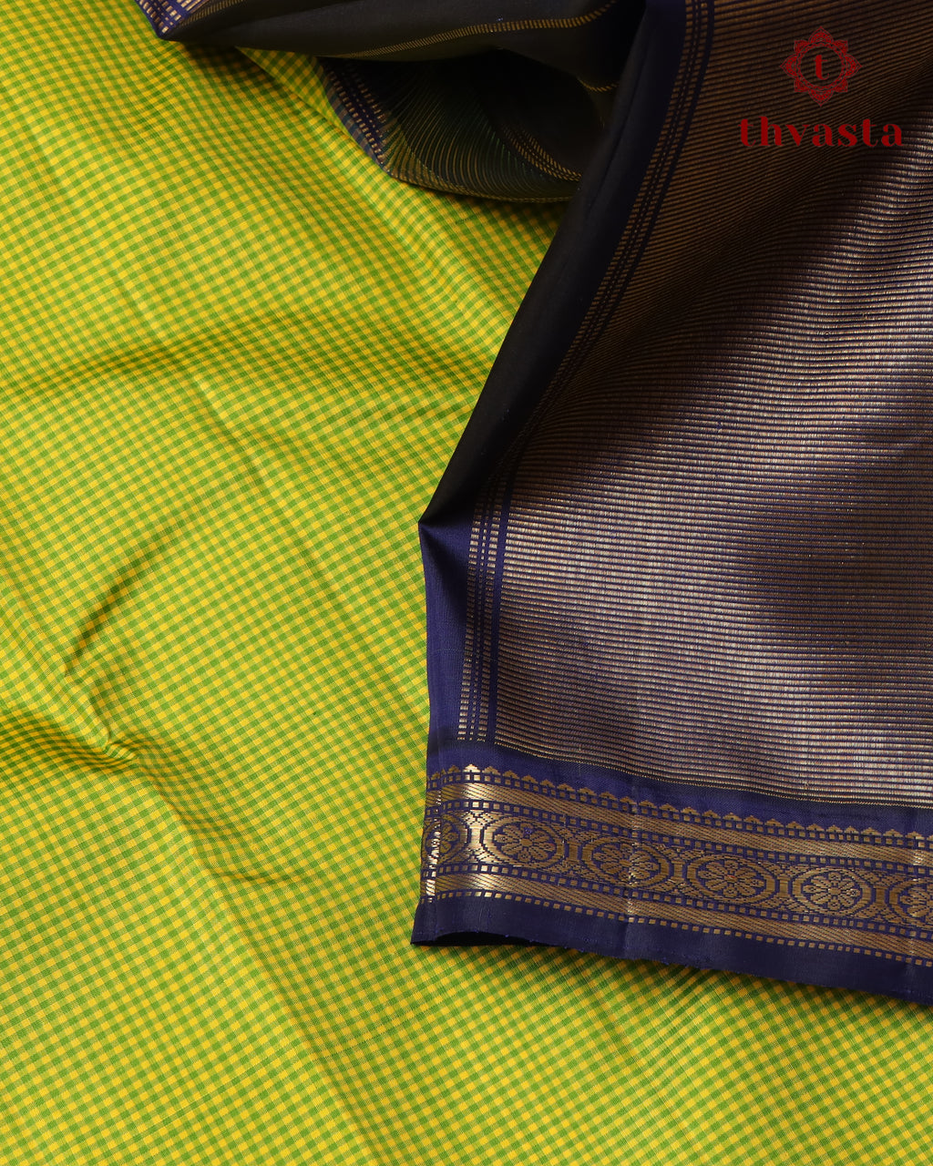 Pure Kanjivaram Silk - Bright Green Podi Checks with Navy Border