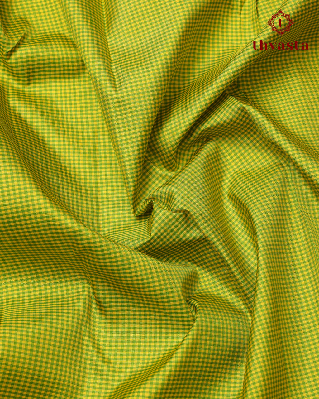 Pure Kanjivaram Silk - Bright Green Podi Checks with Navy Border