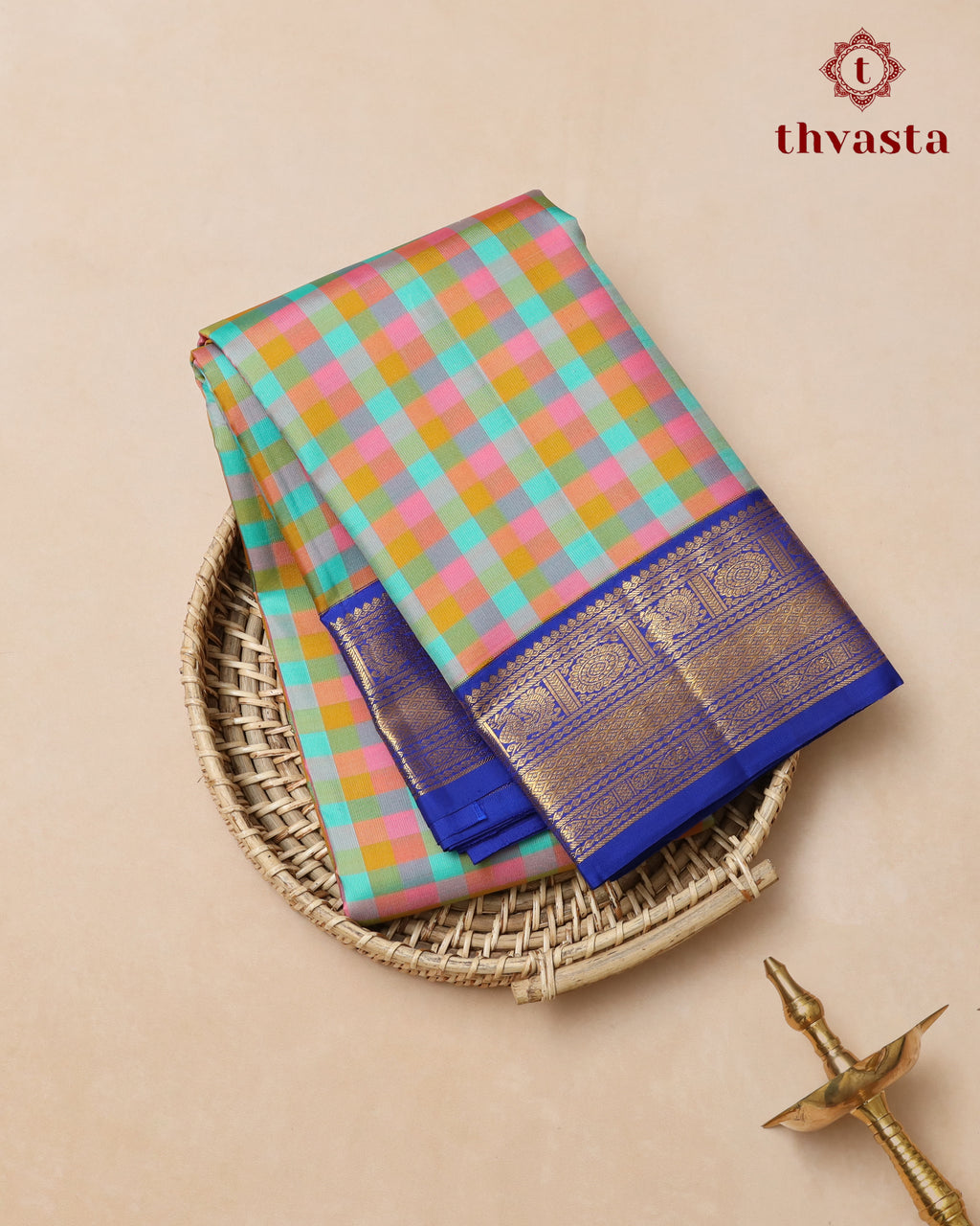Pure Kanjivaram Silk - Rainbow Checks With Rich Blue Border