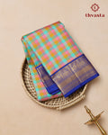 Pure Kanjivaram Silk - Rainbow Checks With Rich Blue Border