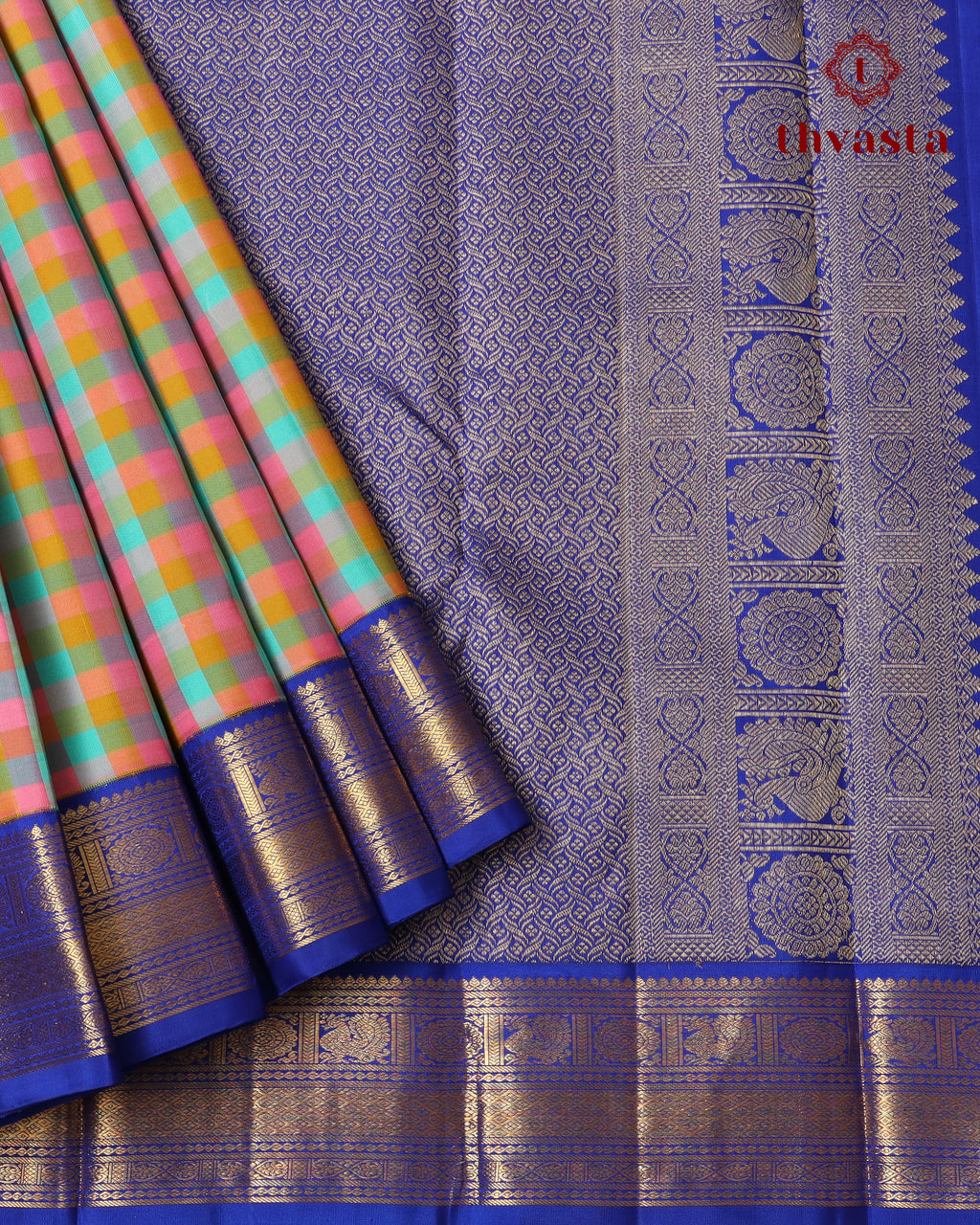 Pure Kanjivaram Silk - Rainbow Checks With Rich Blue Border