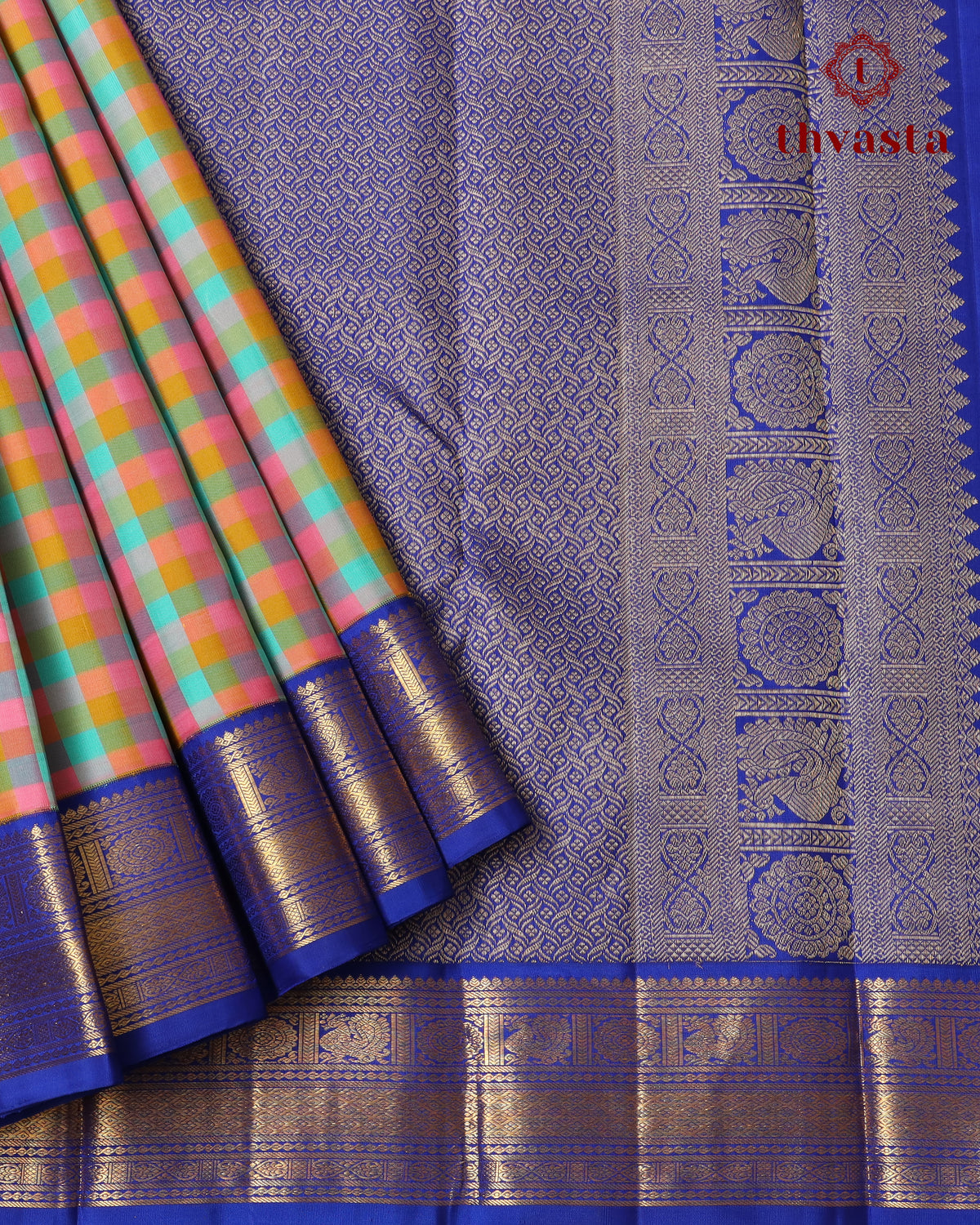 Pure Kanjivaram Silk - Rainbow Checks With Rich Blue Border
