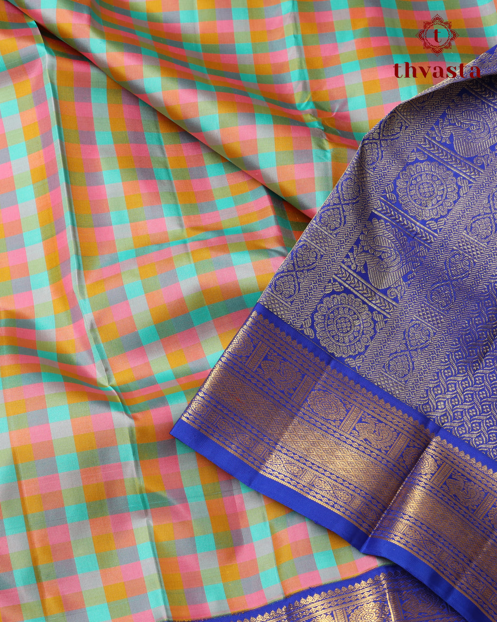 Pure Kanjivaram Silk - Rainbow Checks With Rich Blue Border