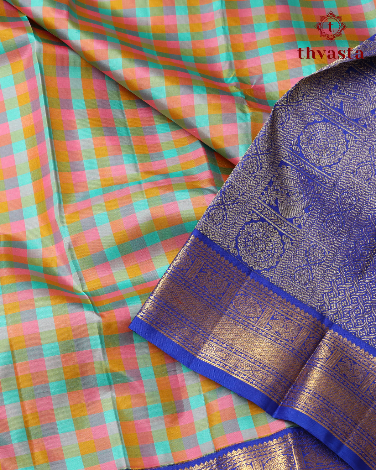Pure Kanjivaram Silk - Rainbow Checks With Rich Blue Border