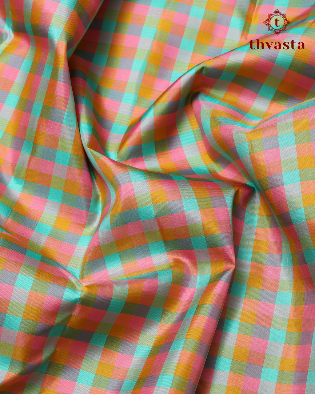 Pure Kanjivaram Silk - Rainbow Checks With Rich Blue Border