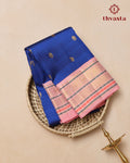 Pure Kanjivaram Silk - Royal Blue with Baby Pink Border