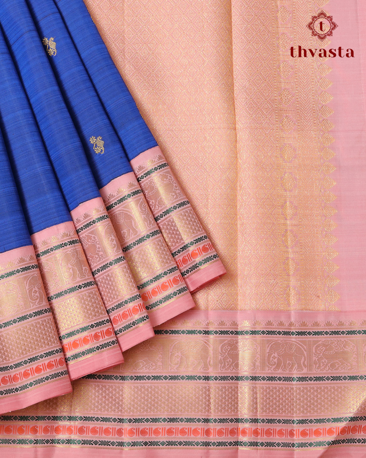 Pure Kanjivaram Silk - Royal Blue with Baby Pink Border