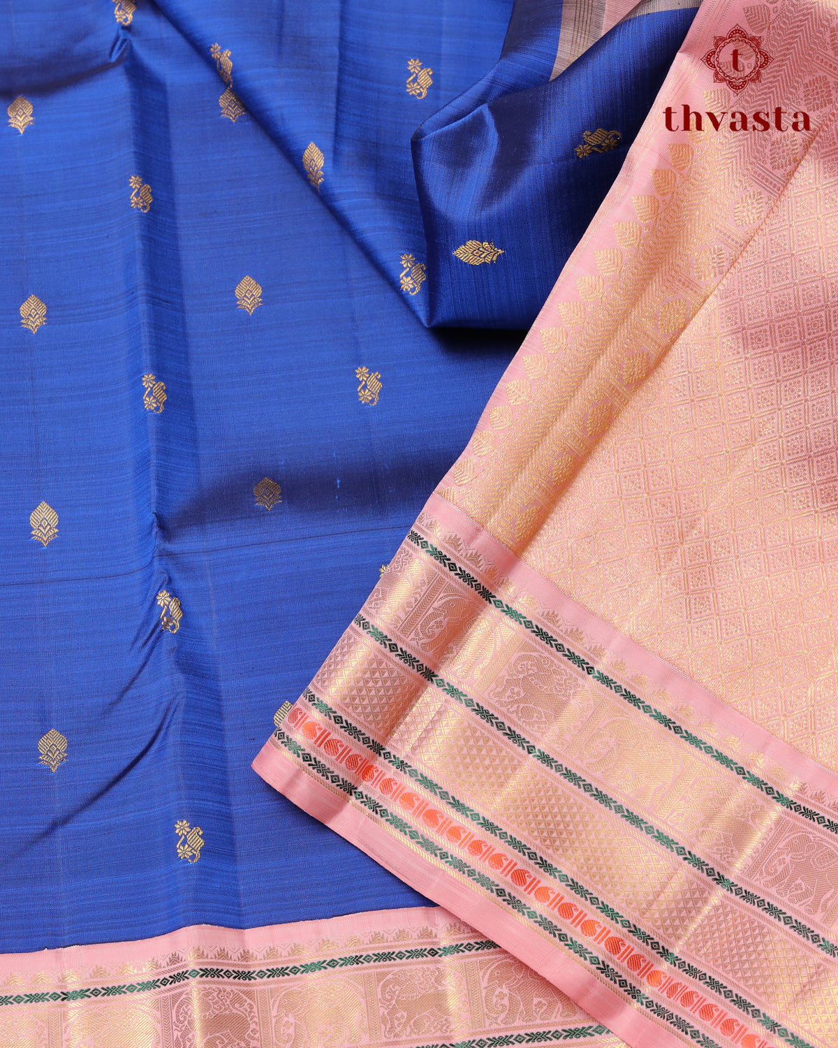 Pure Kanjivaram Silk - Royal Blue with Baby Pink Border