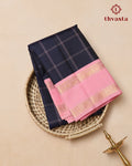 Pure Kanjivaram Silk - Rich Navy with Light Pink Border
