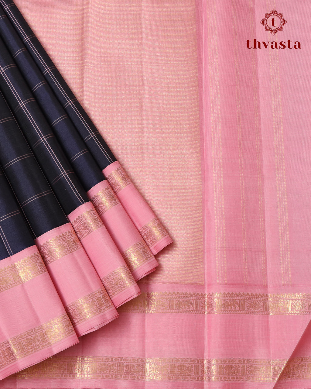 Pure Kanjivaram Silk - Rich Navy with Light Pink Border