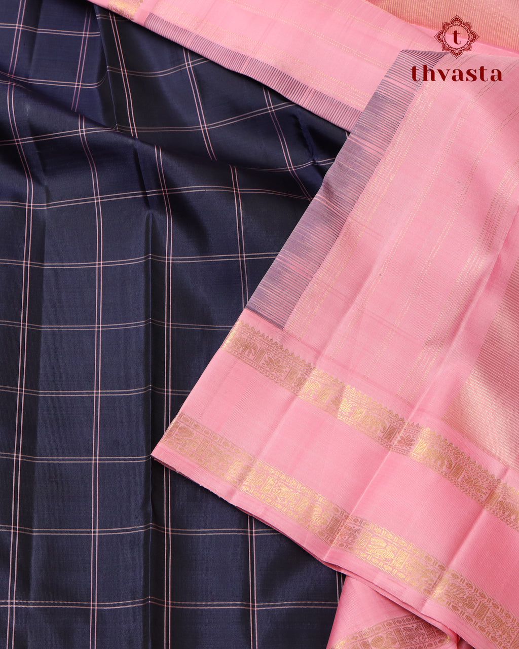 Pure Kanjivaram Silk - Rich Navy with Light Pink Border