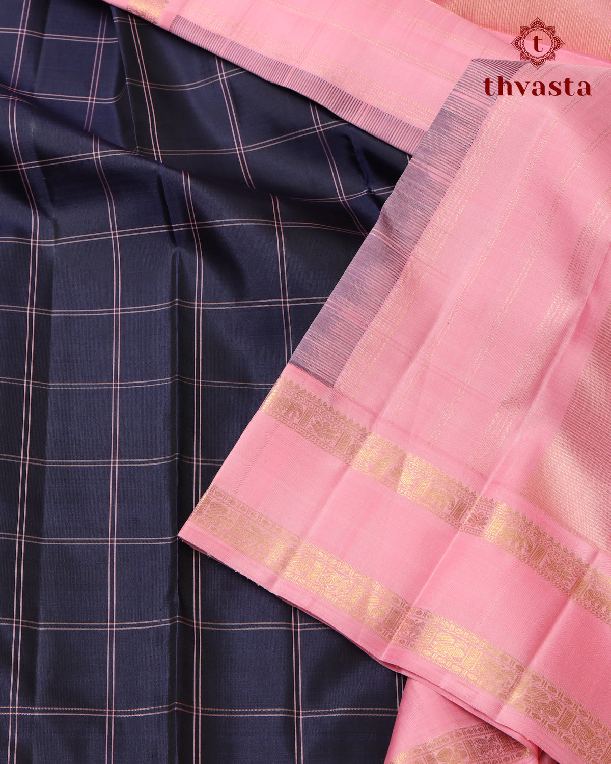 Pure Kanjivaram Silk - Rich Navy with Light Pink Border
