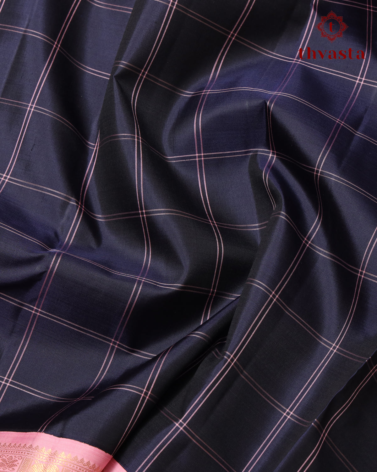 Pure Kanjivaram Silk - Rich Navy with Light Pink Border