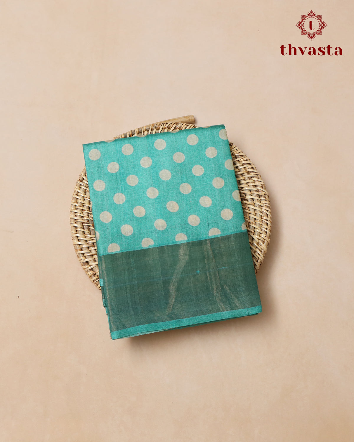 Pure Tussar - Turquoise Teal Polka dots