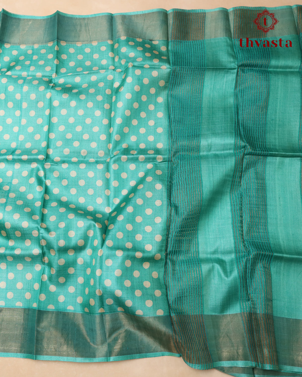 Pure Tussar - Turquoise Teal Polka dots