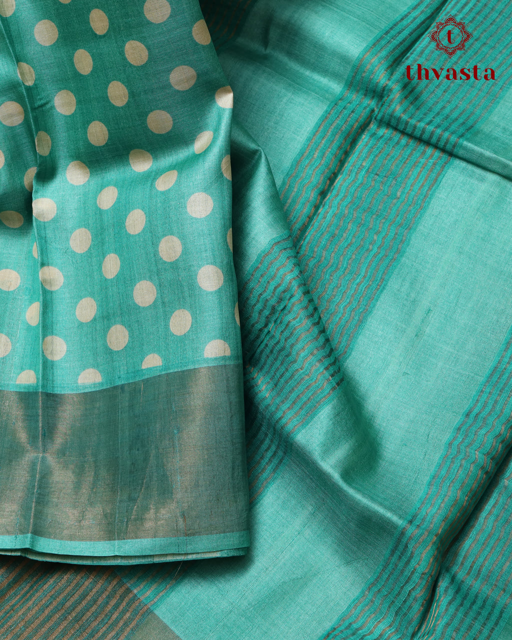 Pure Tussar - Turquoise Teal Polka dots