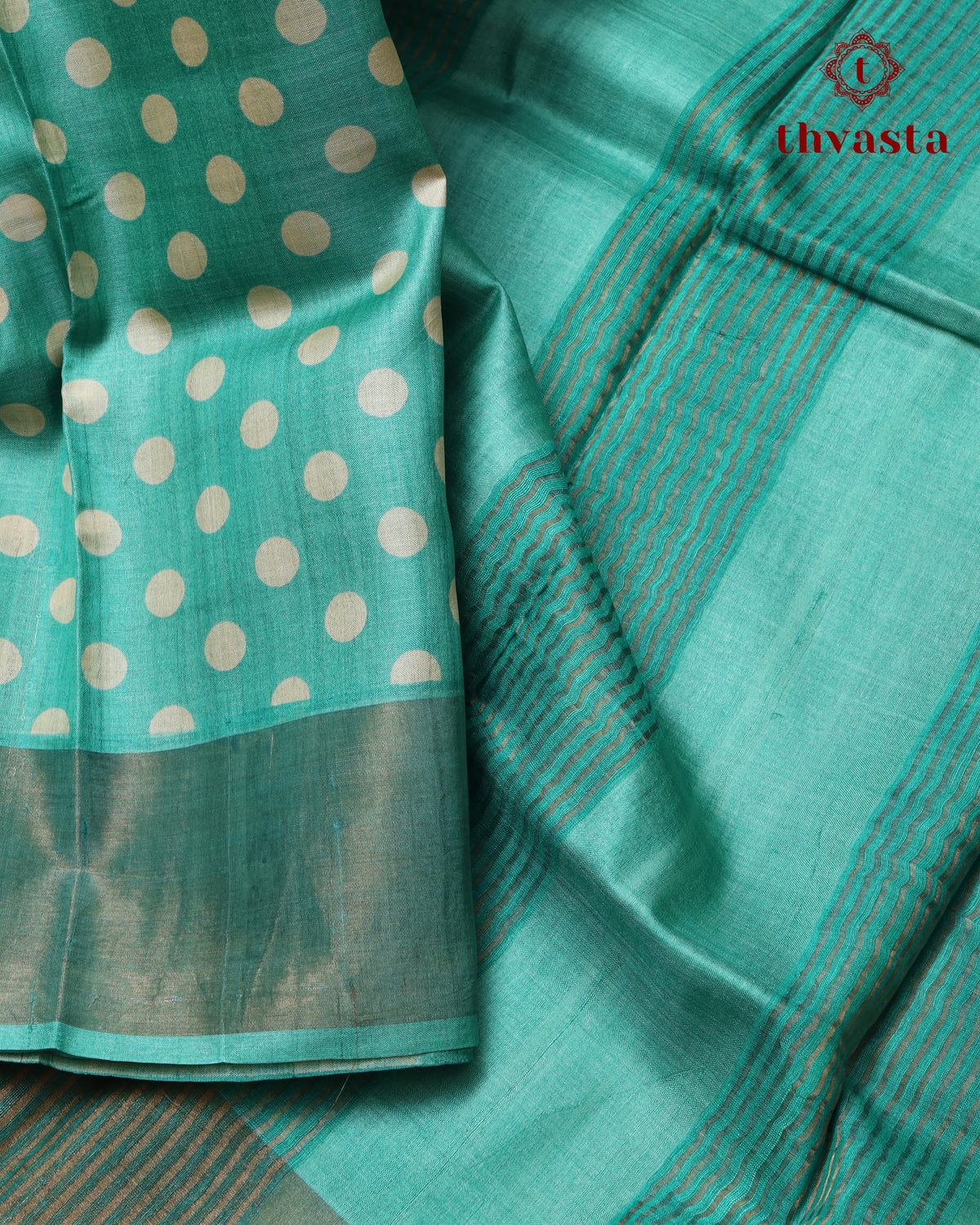 Pure Tussar - Turquoise Teal Polka dots