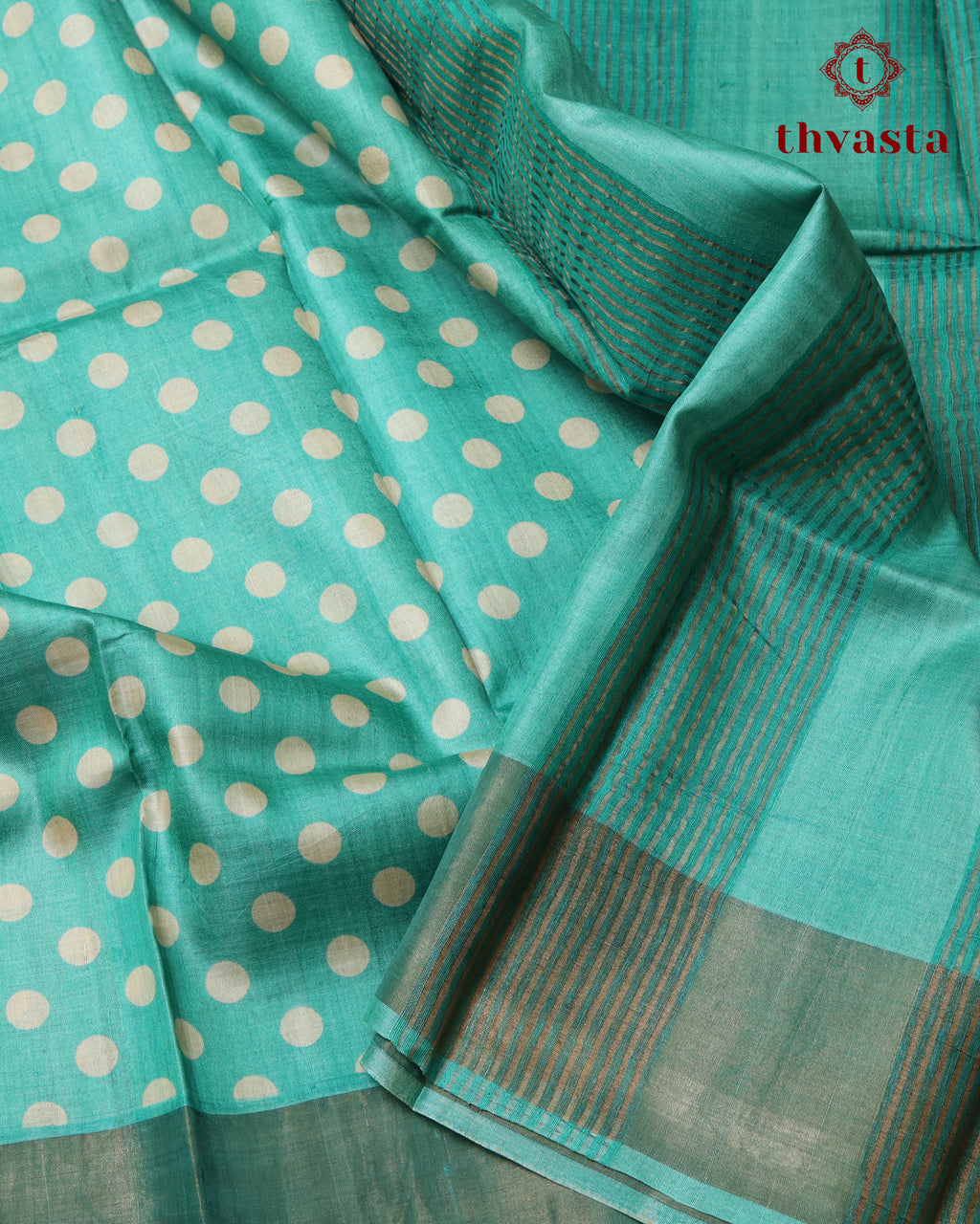Pure Tussar - Turquoise Teal Polka dots