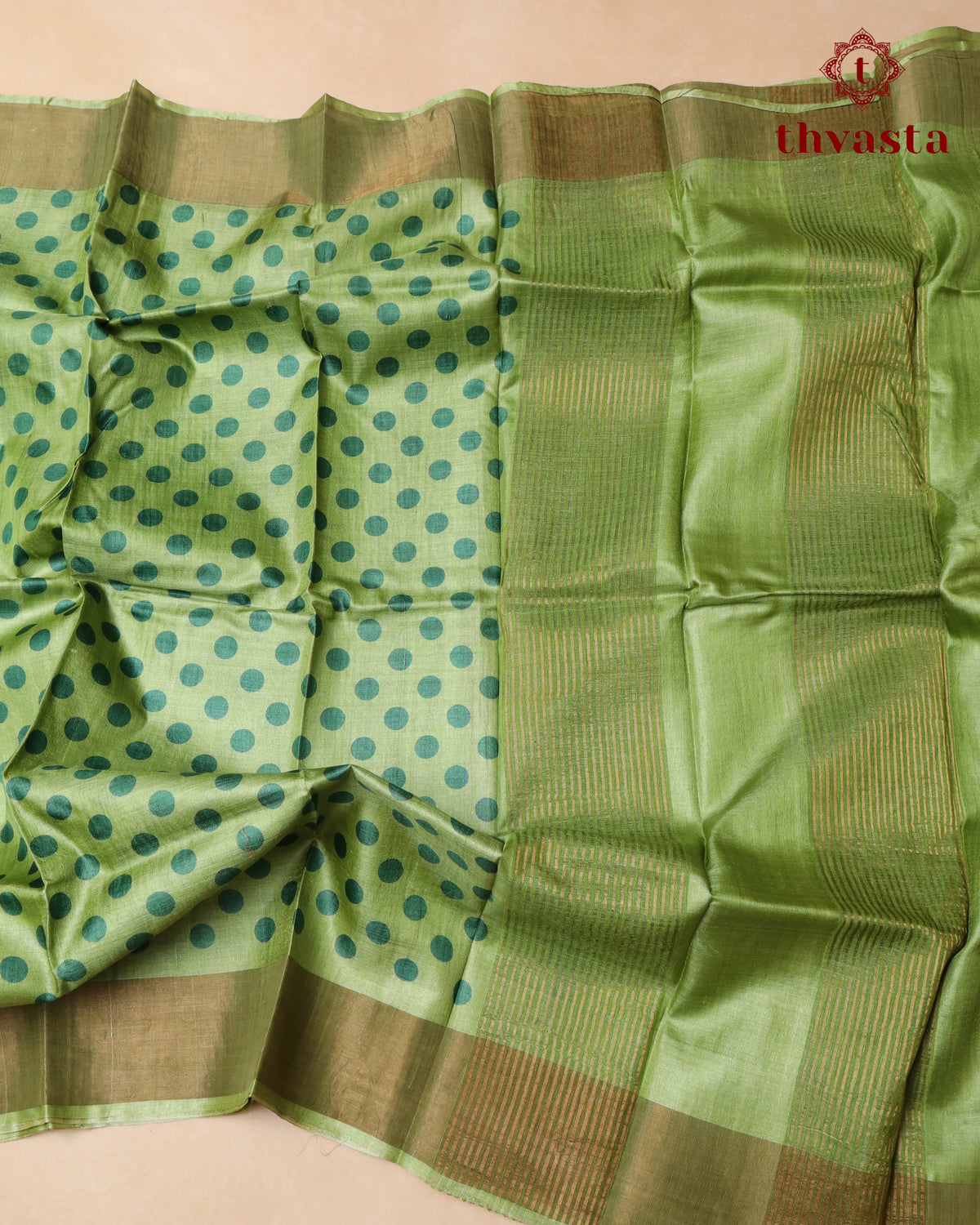 Pure Tussar - Light Green Polka dot