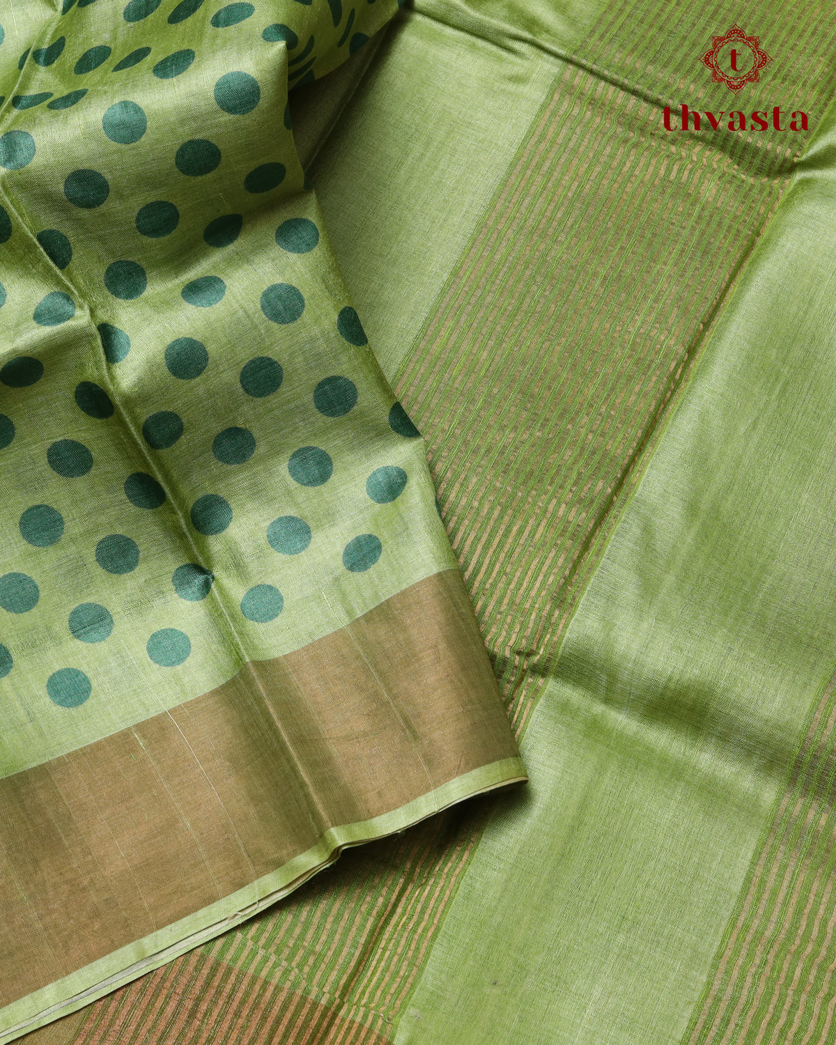 Pure Tussar - Light Green Polka dot