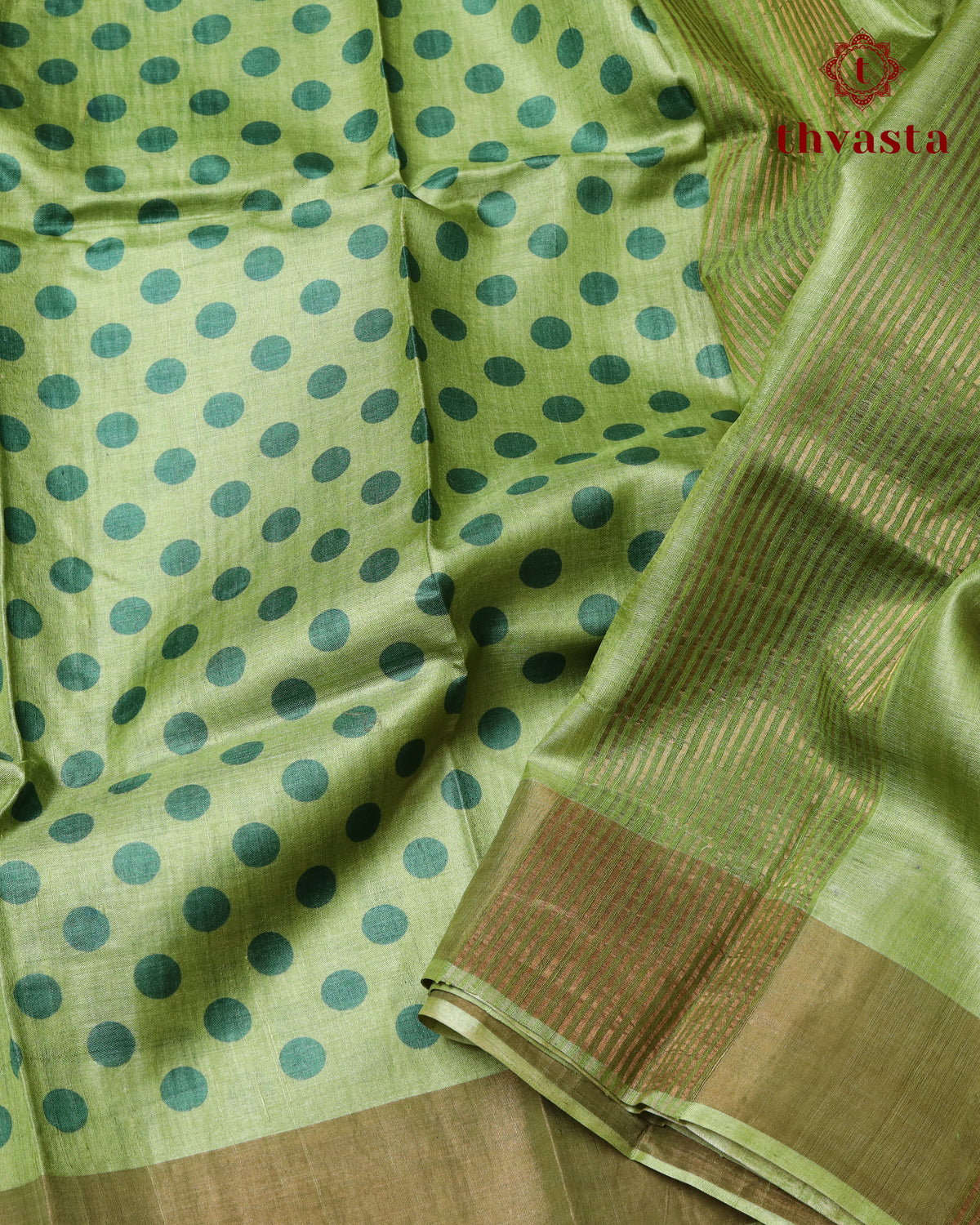 Pure Tussar - Light Green Polka dot