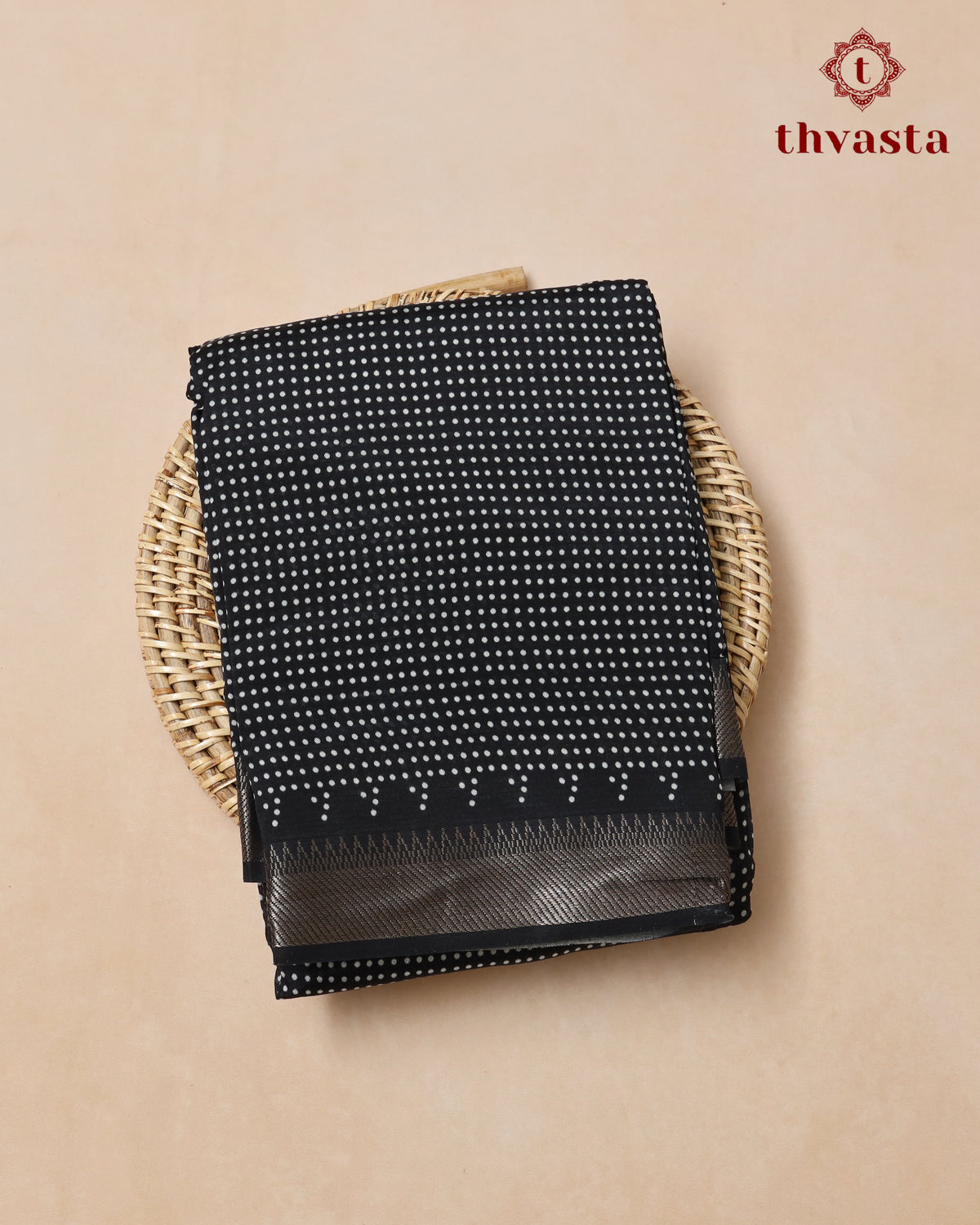 Mangalagiri Digital Print Saree -  Black polka dots