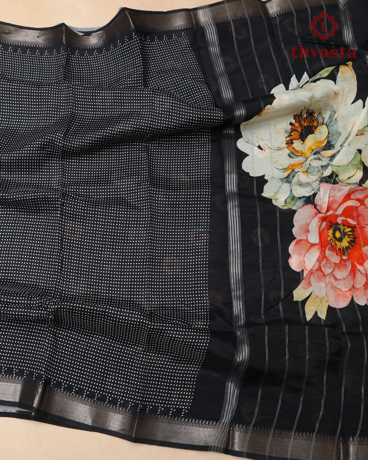 Mangalagiri Digital Print Saree -  Black polka dots