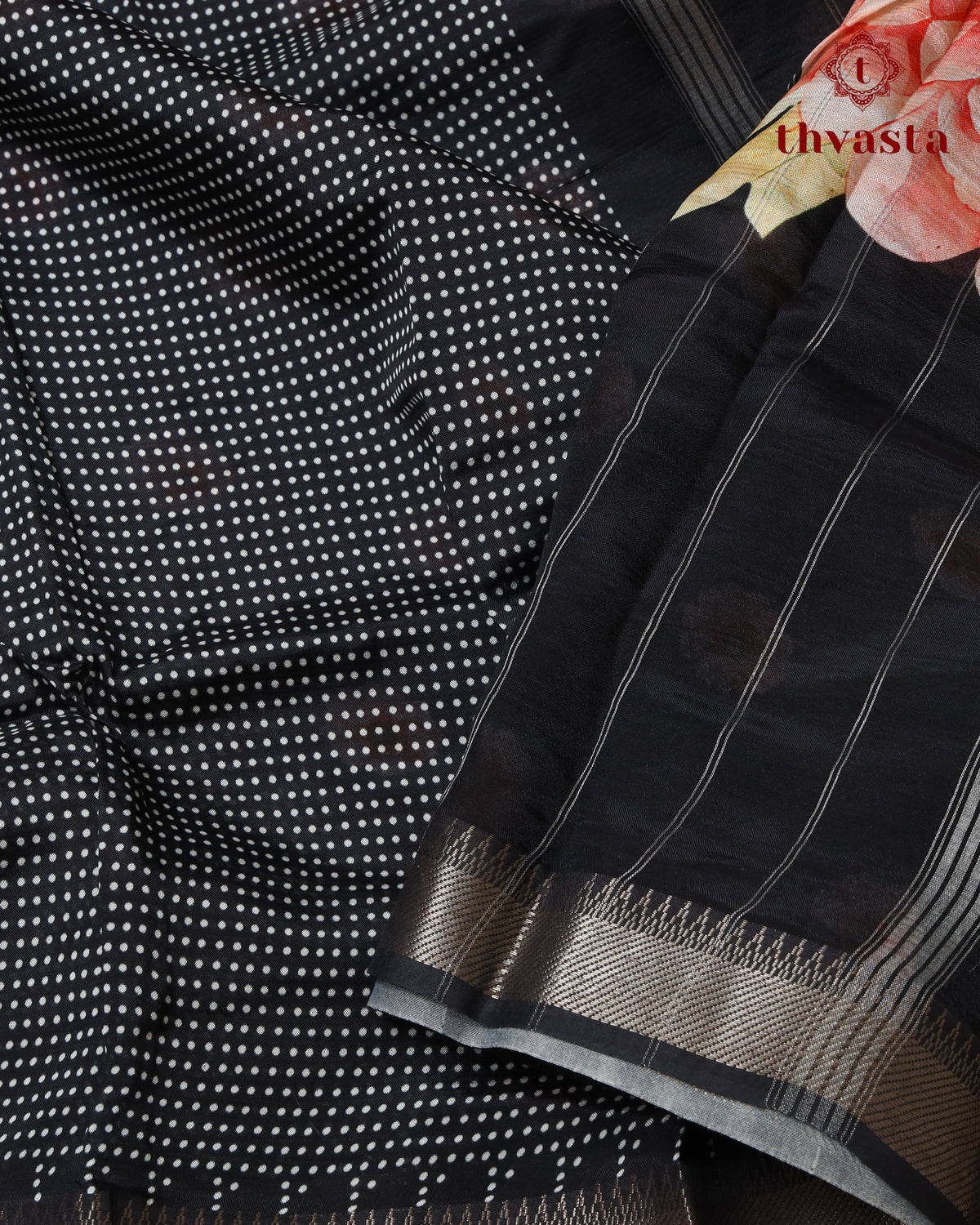 Mangalagiri Digital Print Saree -  Black polka dots