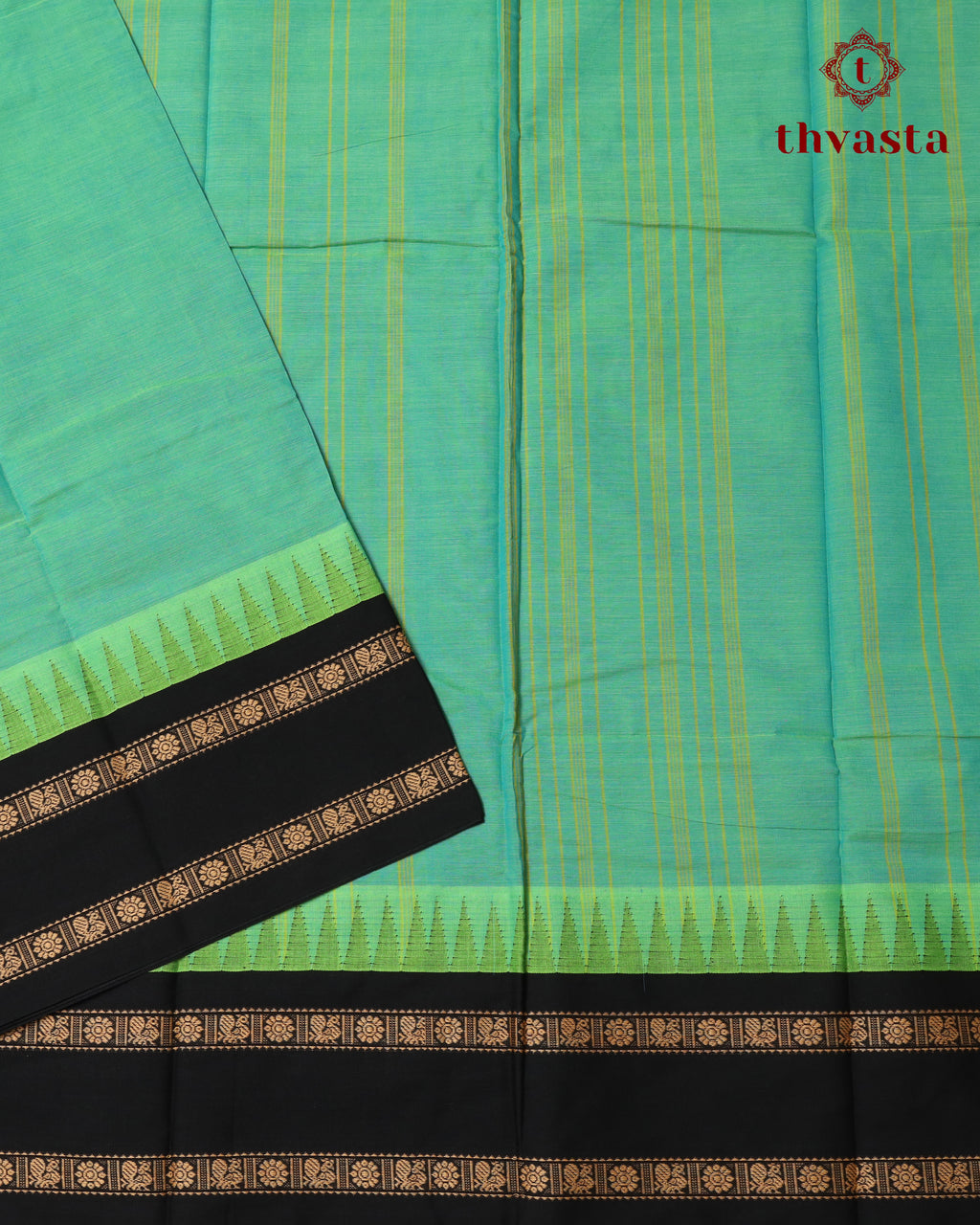 Korvai Kanchi Cotton Saree - Green and Black Border