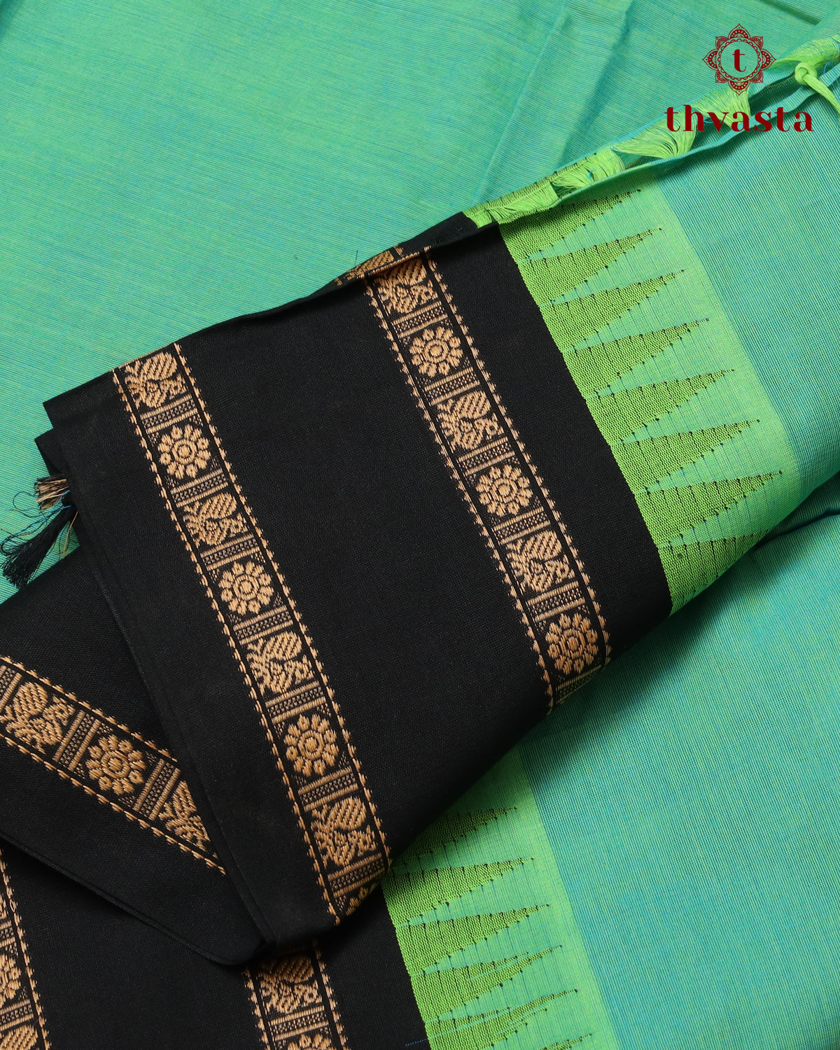 Korvai Kanchi Cotton Saree - Green and Black Border