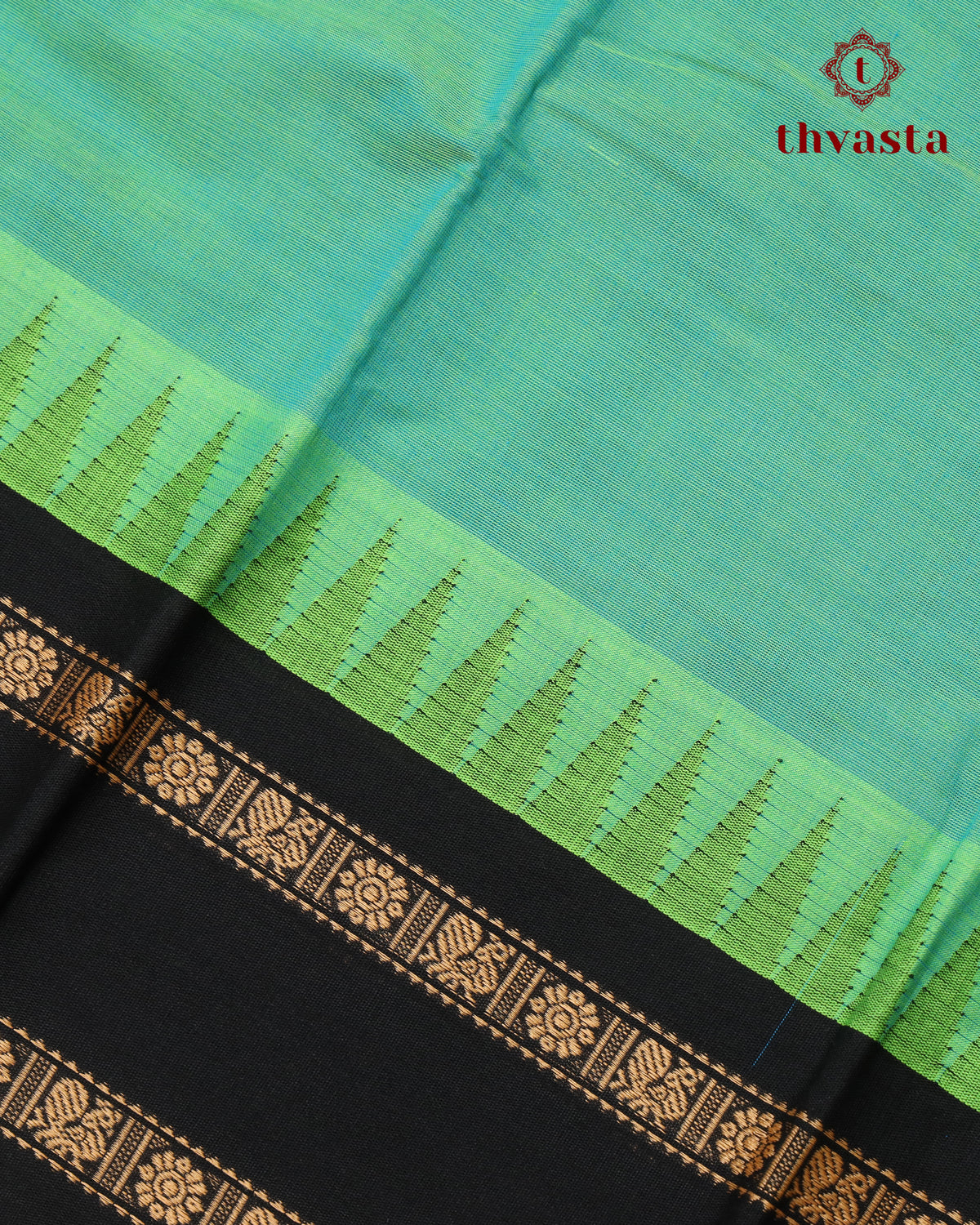 Korvai Kanchi Cotton Saree - Green and Black Border