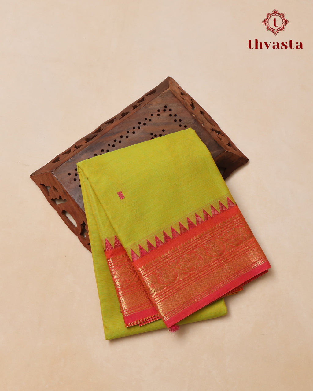 Kanchi Cotton Saree - Green and Orange Border