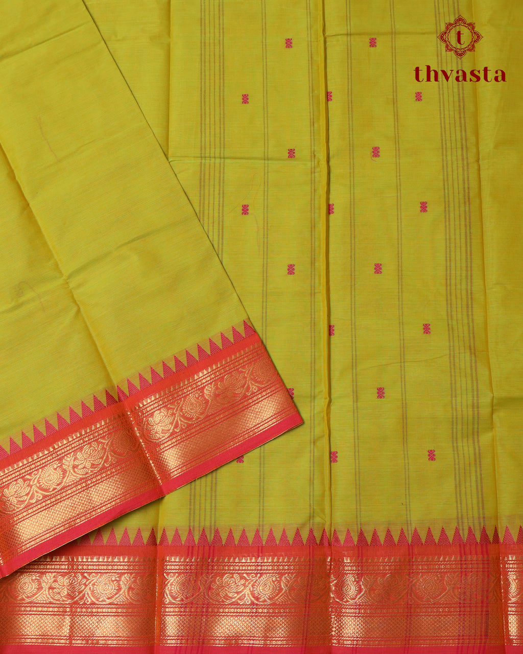 Kanchi Cotton Saree - Green and Orange Border